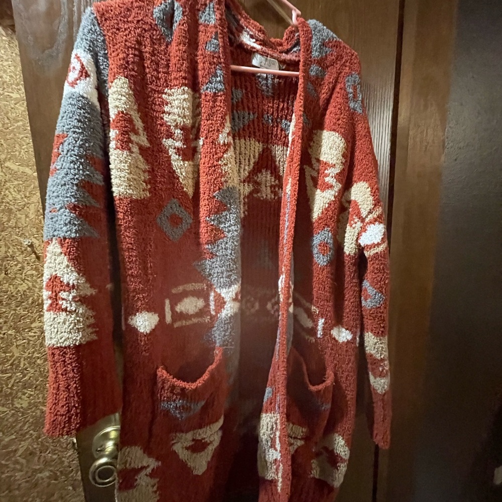 Red and Gray Geometric Cardigan Sweater